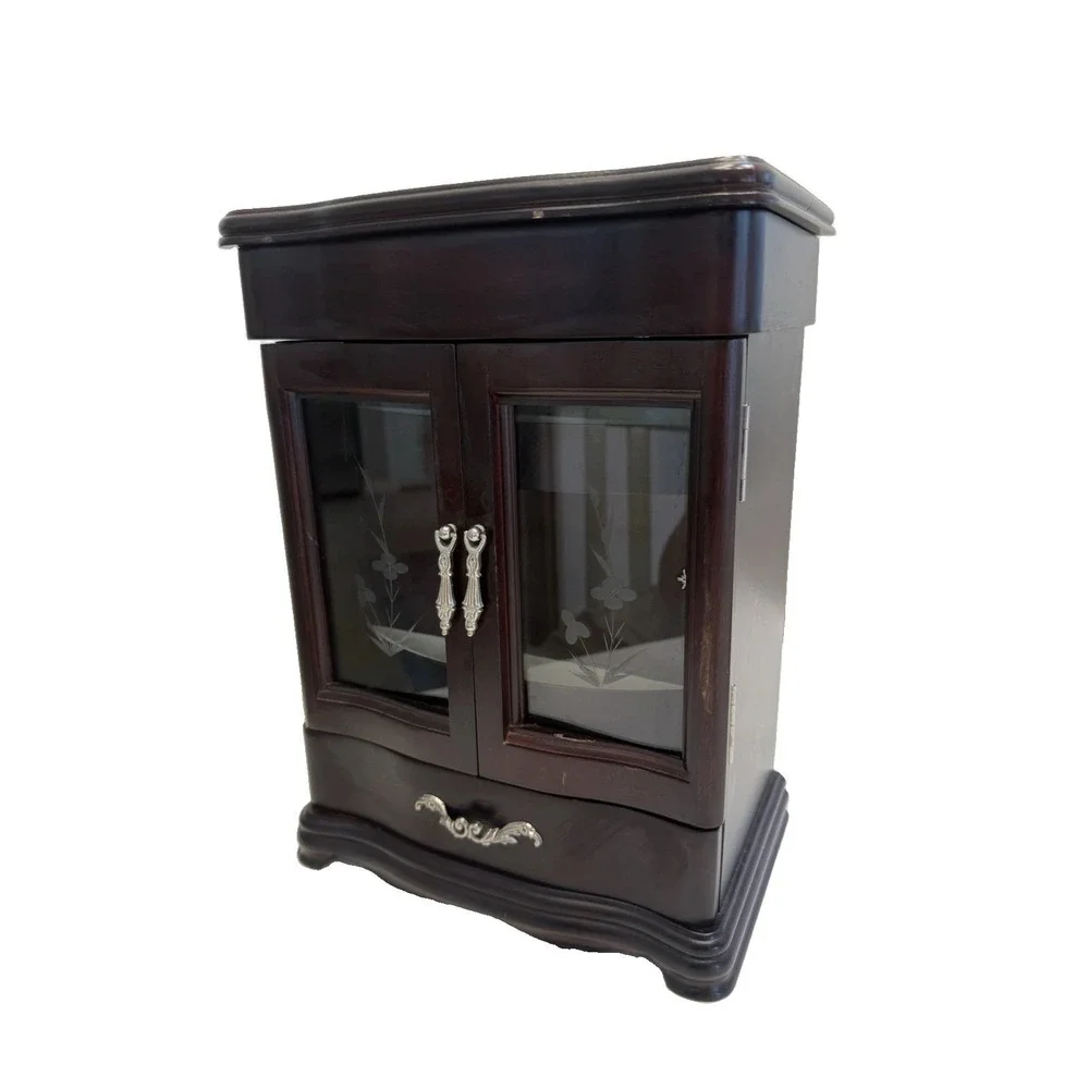Vintage CherryWood Jewelry Box Armoire Etched Flower Glass Doors Carousel Mirror